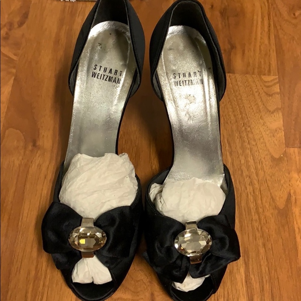 Stuart Weitzman Black Satin D’Orsay Crystal Bow